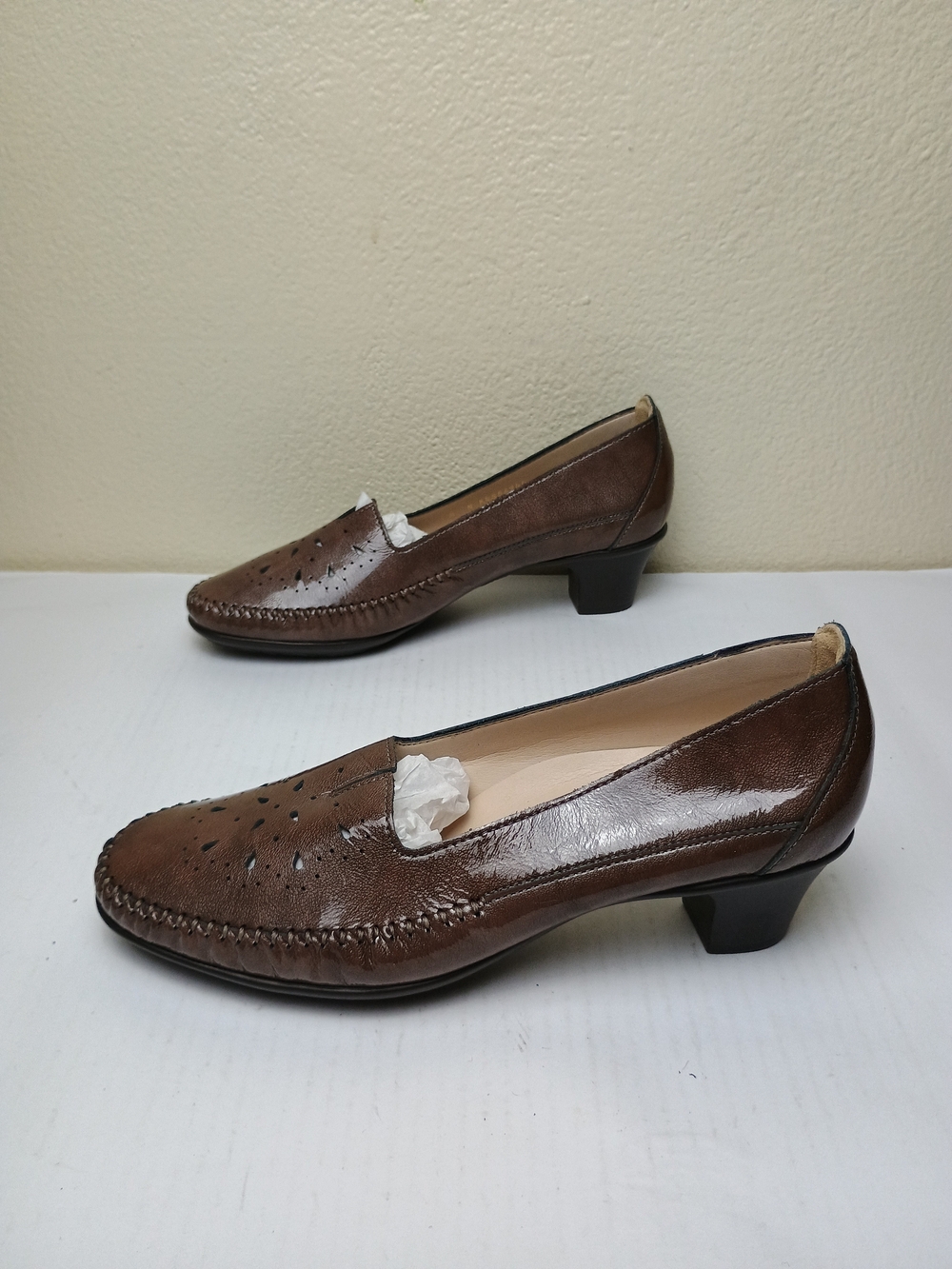 SAS Sonyo 8 Narrow Brown Leather Low Block Heel Loafers - Slip On Heel